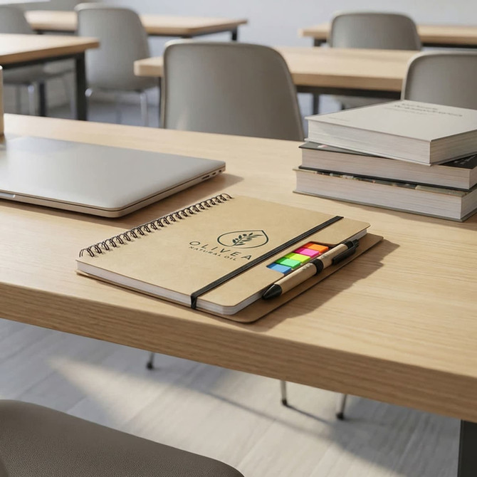A kraft notebook with an elastic strap, colourful flags, and a pen, placed on a wooden desk beside a laptop and books.