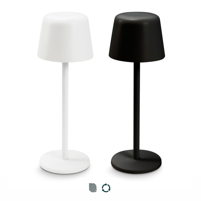 Two rechargeable table lamps are displayed: one in white and one in black, each with a minimalist design.