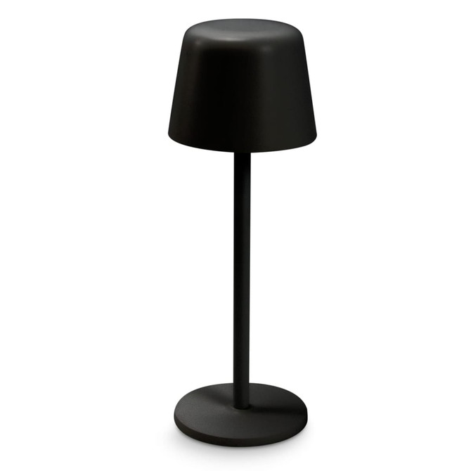 A black rechargeable table lamp with a rounded shade and a slim base. It features a sleek, modern design.