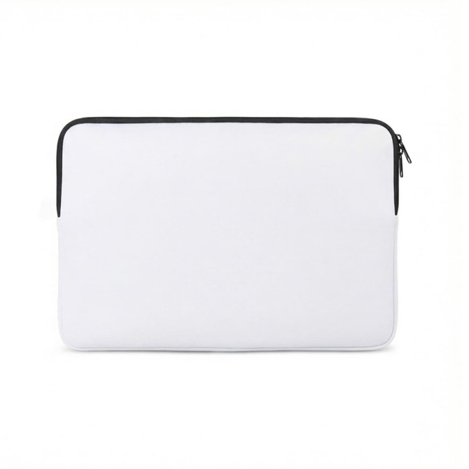 A white laptop sleeve with a black zip and a simple, sleek design. It features a logo on the surface.