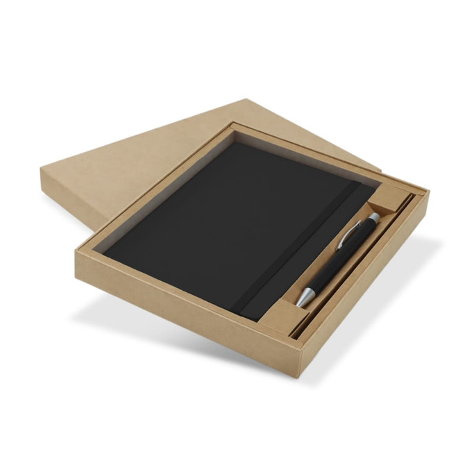 A black notebook and pen gift set presented in a kraft cardboard box with a logo.