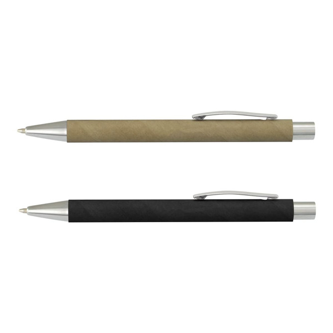 Two pens are displayed: one with a kraft paper finish and silver accents, and the other in solid black with silver accents.