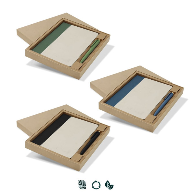 A gift set featuring a notebook with a pen in green, blue, and black options, presented in a cardboard box.