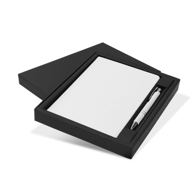 A black gift set featuring a white notebook and a pen, presented in a matching black box.