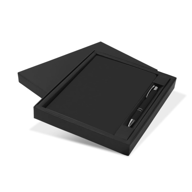 A black gift set featuring a notebook and a pen, presented in a matching black box with a logo.