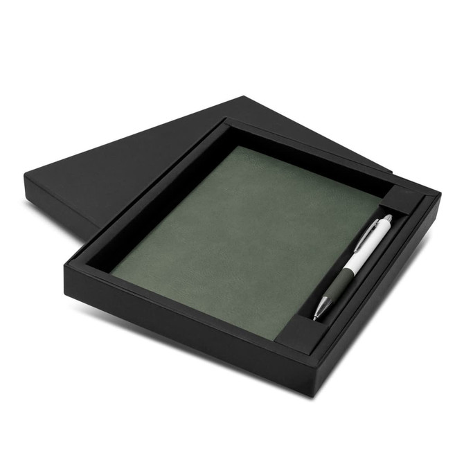 A green notebook and pen set presented in a black gift box, featuring a simple design and a brand logo.