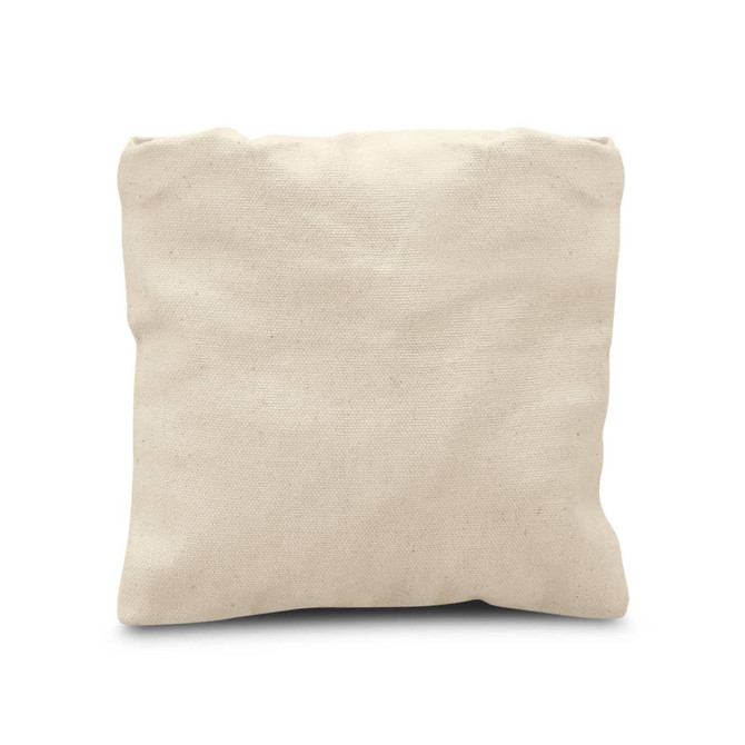 A small, cream-coloured cotton mesh tote bag with a simple design and an attached logo.