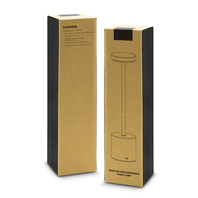 A minimalist packaging design for a Nouveau Rechargeable Table Lamp, featuring a sleek black and natural cardboard finish.