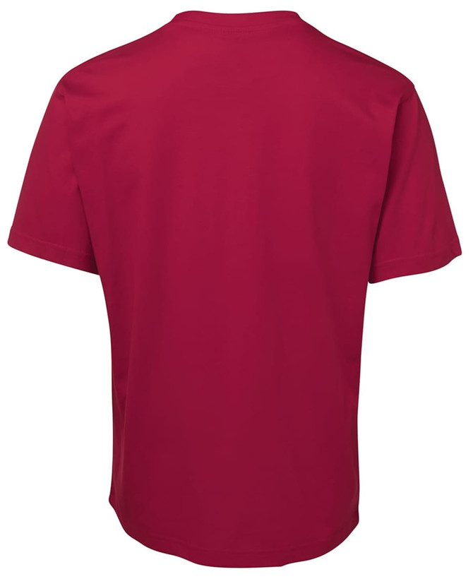 A red t-shirt with short sleeves, featuring a plain design and a logo on the back.