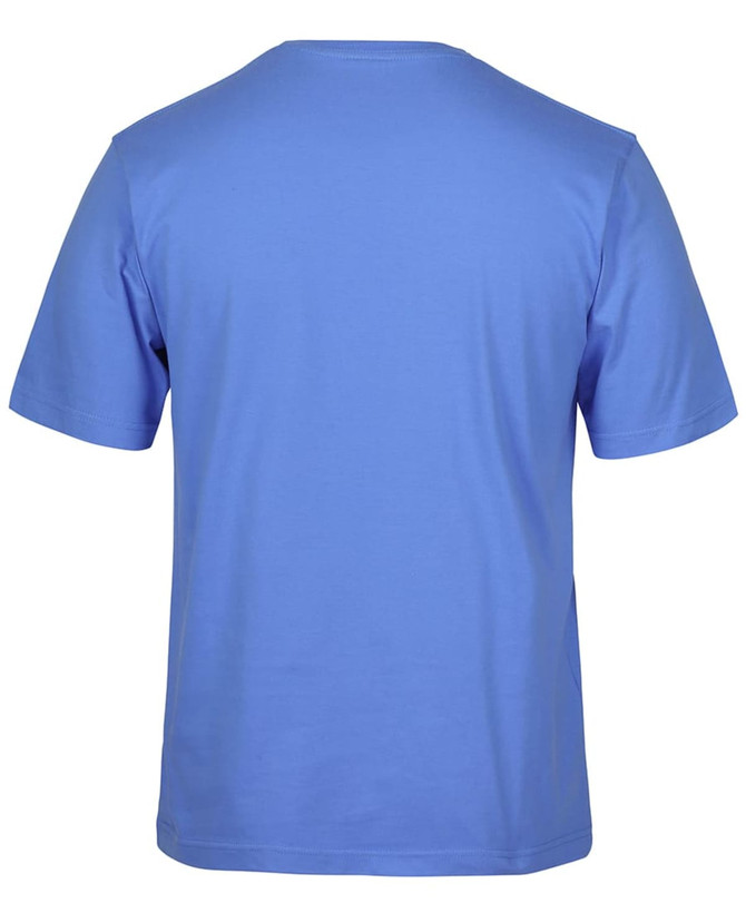 A blue t-shirt viewed from the back, featuring a plain design and a logo.