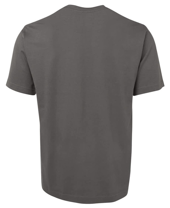 A grey unisex T-shirt with a plain back and short sleeves, featuring a logo on the back.