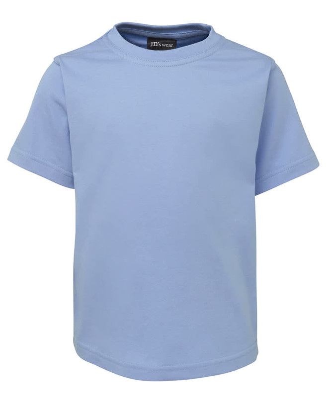 A light blue children's t-shirt with short sleeves, featuring a logo on the neckline.