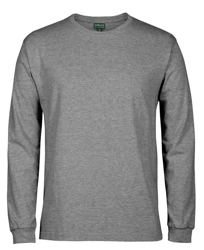 A long-sleeved grey T-shirt with a round neckline, featuring a logo on the label.