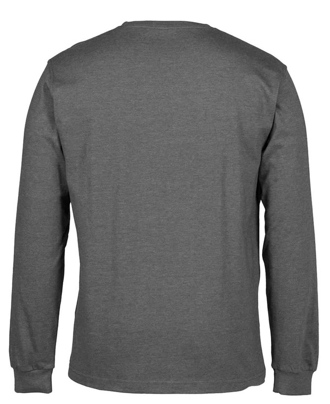 A grey long-sleeve t-shirt featuring a simple design and a logo on the back.