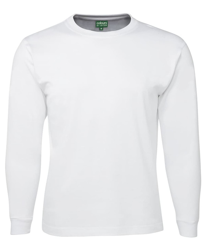 A white long-sleeve t-shirt with a round neckline and a label inside showing branding.