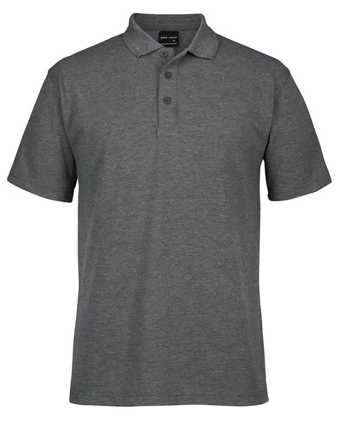 A grey polo shirt featuring a collared neckline and three buttons, with a logo on the label.