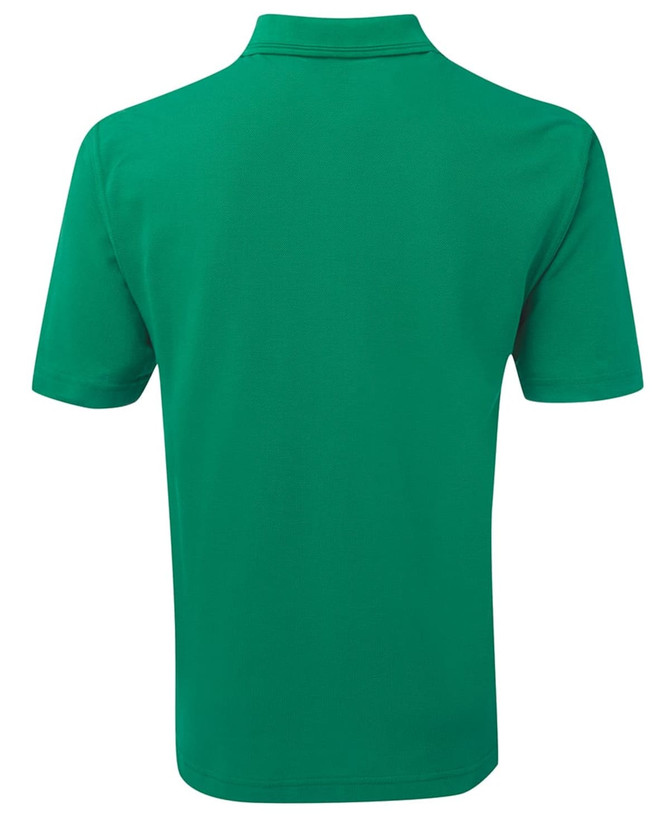 A green polo shirt featuring a collar and short sleeves, with a branding logo on the back.