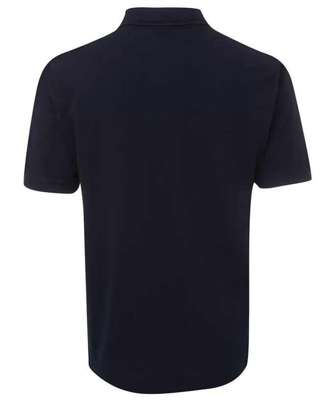 A navy polo shirt with a classic collar and short sleeves, featuring a logo. Back view displayed.