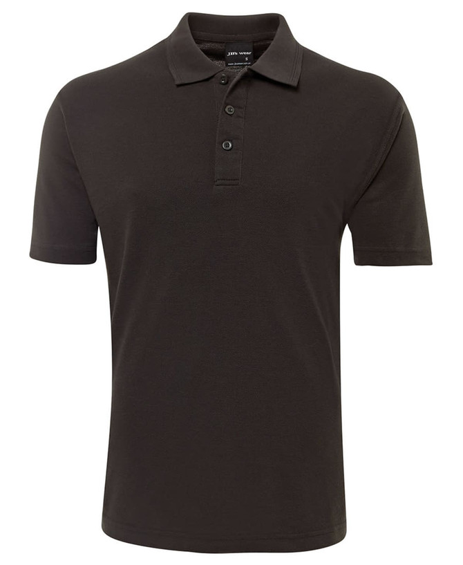 A dark green polo shirt with a three-button placket and short sleeves, featuring a logo on the chest.