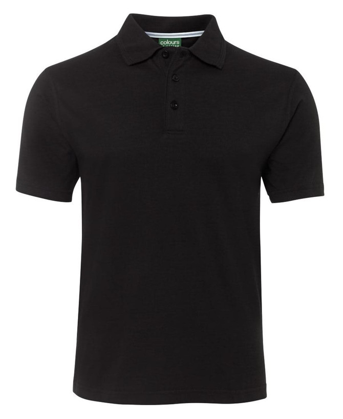 A black polo shirt featuring a collar, three buttons, and a logo on the label.