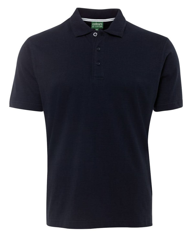 A navy blue polo shirt with a collar, featuring three buttons and a branding label.