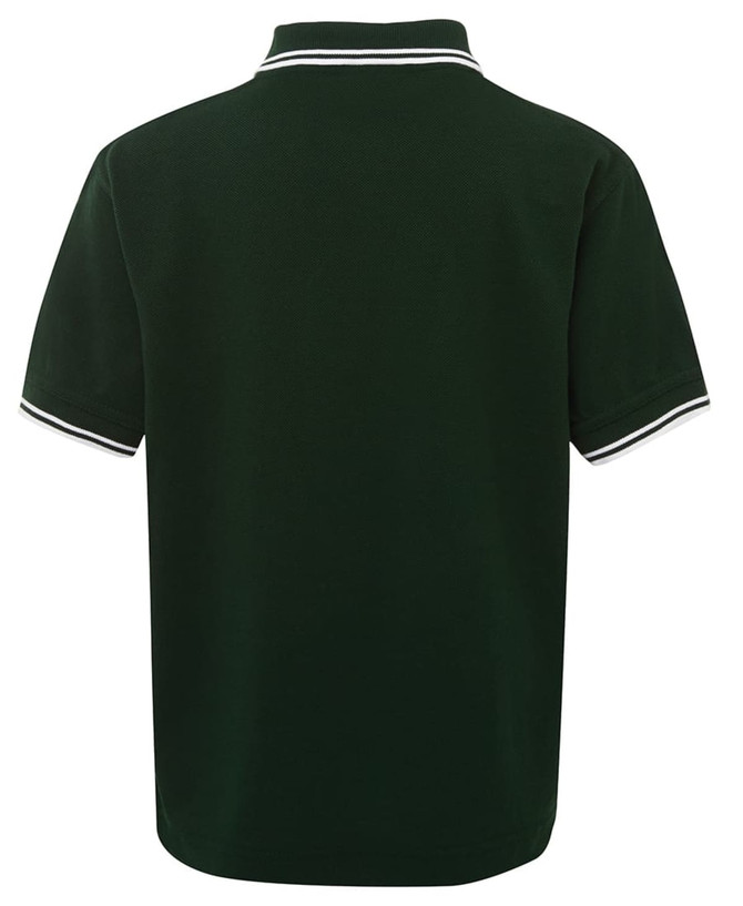 A dark green polo shirt featuring a contrasting white collar and sleeve trim, with a logo on the front.