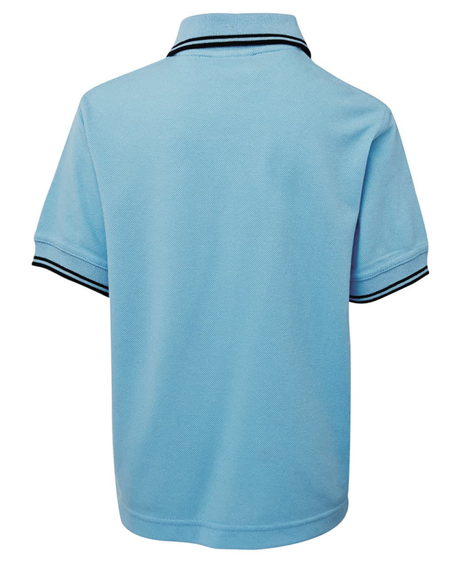 A light blue kids' polo shirt featuring contrasting black trim and a collar, with a logo on the side.