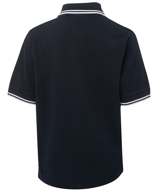 A navy polo shirt featuring a contrast collar and sleeve trim, with a logo on the garment.