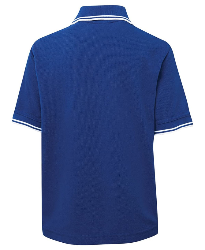 A blue polo shirt with contrasting white stripes on the collar and sleeves, featuring a logo.