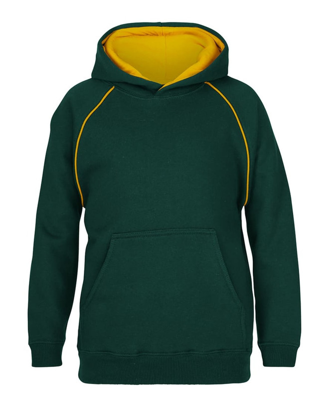 A green hoodie with a yellow interior and contrasting stitching, featuring a large front pocket and a hood.