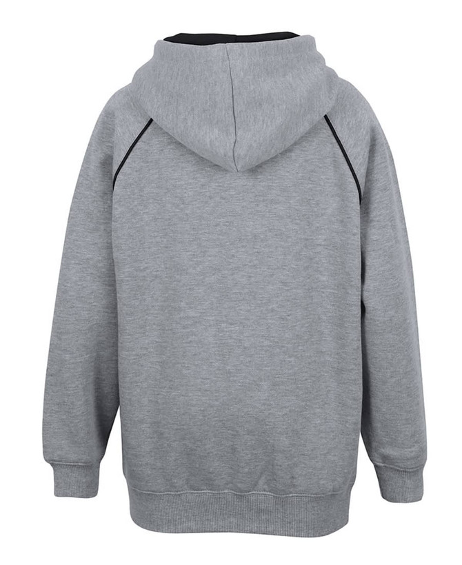 A grey hoodie with a contrasting black lining and hood, featuring a logo on the back.