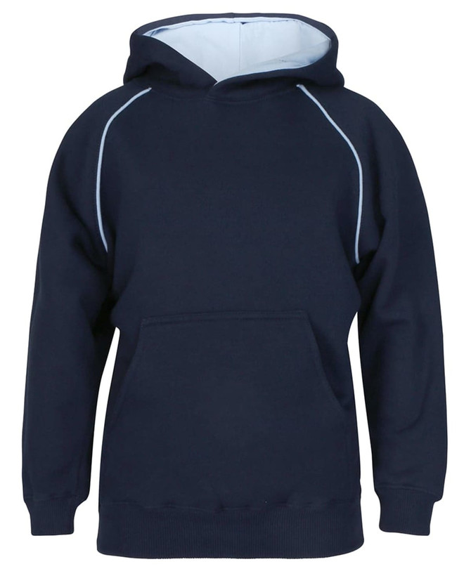 A navy hoodie with a light blue lining, featuring a kangaroo pocket and a hood. It has contrast stitching and a logo.