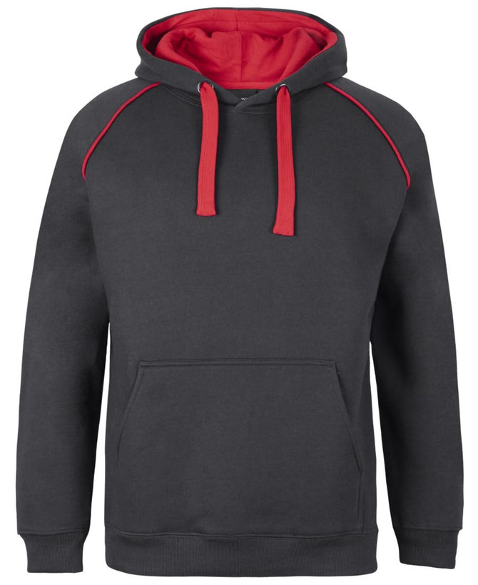 A dark grey hoodie with a red hood and drawstrings, featuring a front pocket and contrasting trim.