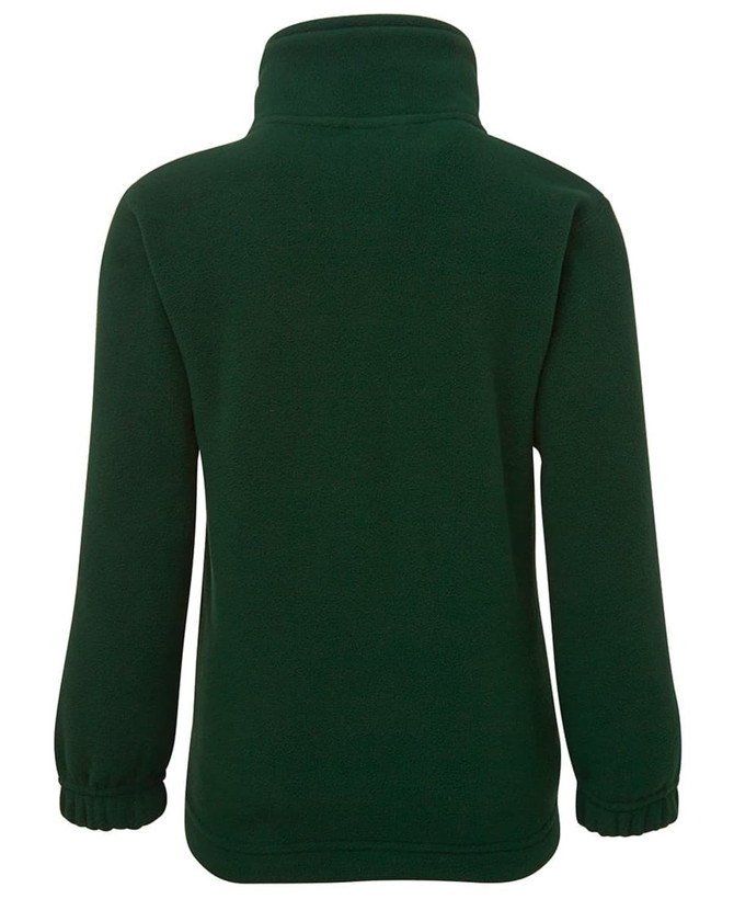 A polar fleece jacket in dark green, featuring a high collar and long sleeves. The back view illustrates the design and fit.