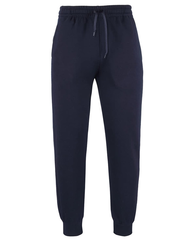 Navy track pants featuring an elastic waistband and cuffs, with a drawstring and a logo.