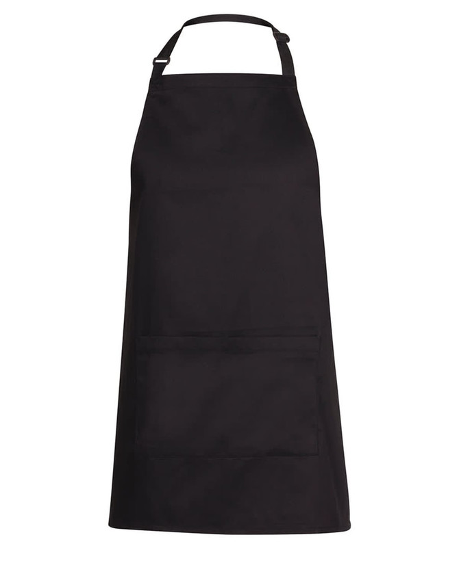 A black work apron featuring a front pocket and an adjustable neck strap. Includes a logo.