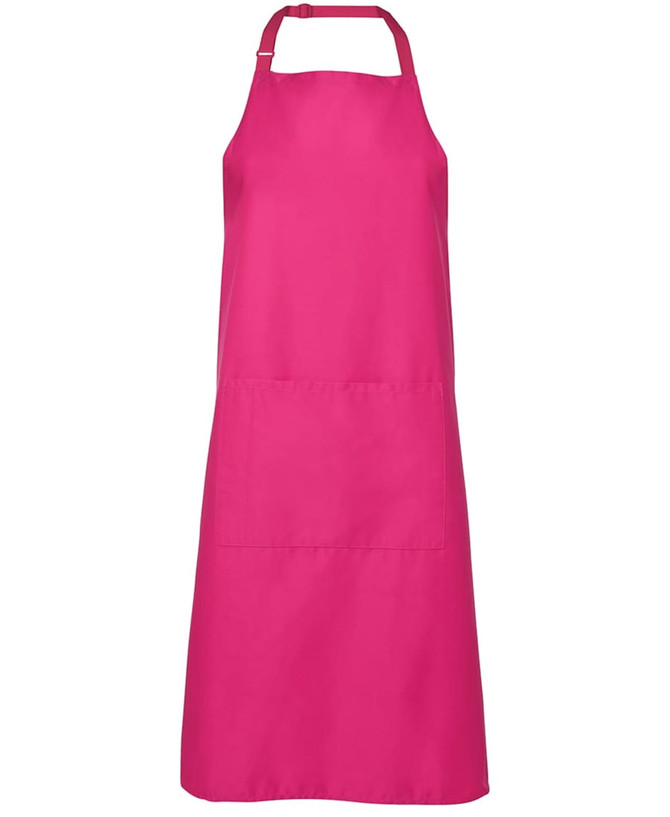 A pink work apron with a halter neck design and a front pocket, featuring a logo.