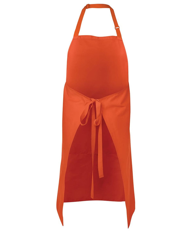 An orange workwear apron with a halter neck, tie waist, and an open front design. It features a logo.