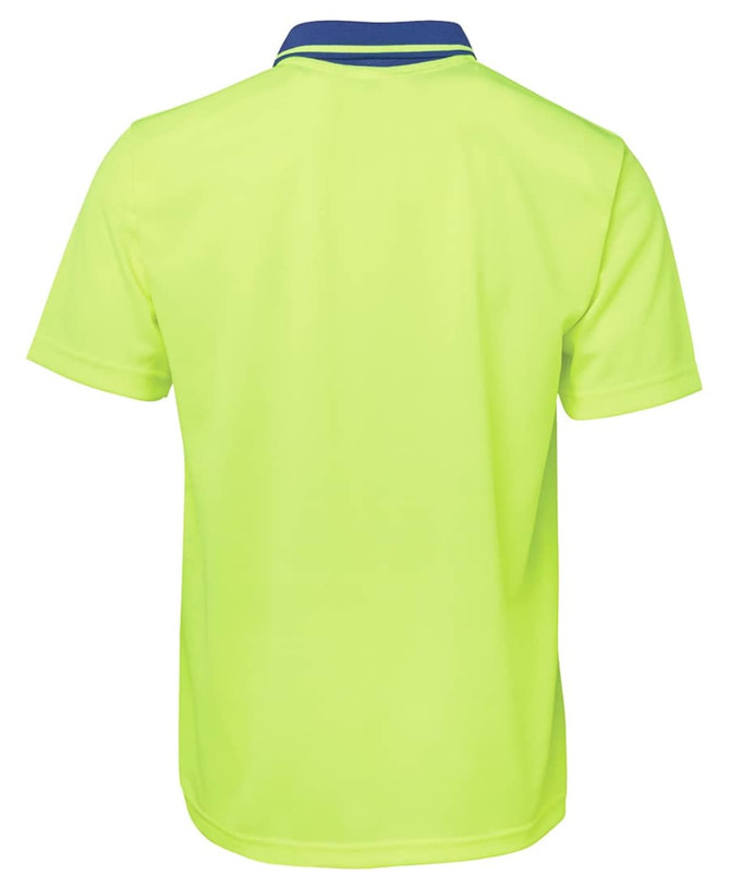 A bright yellow work polo shirt featuring a navy collar and a logo on the back.