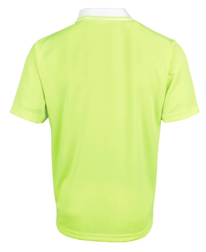 A back view of a bright yellow polo shirt with a white collar, featuring a logo.