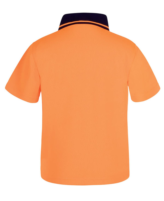 An orange work polo shirt with a navy collar, featuring a logo on the back.