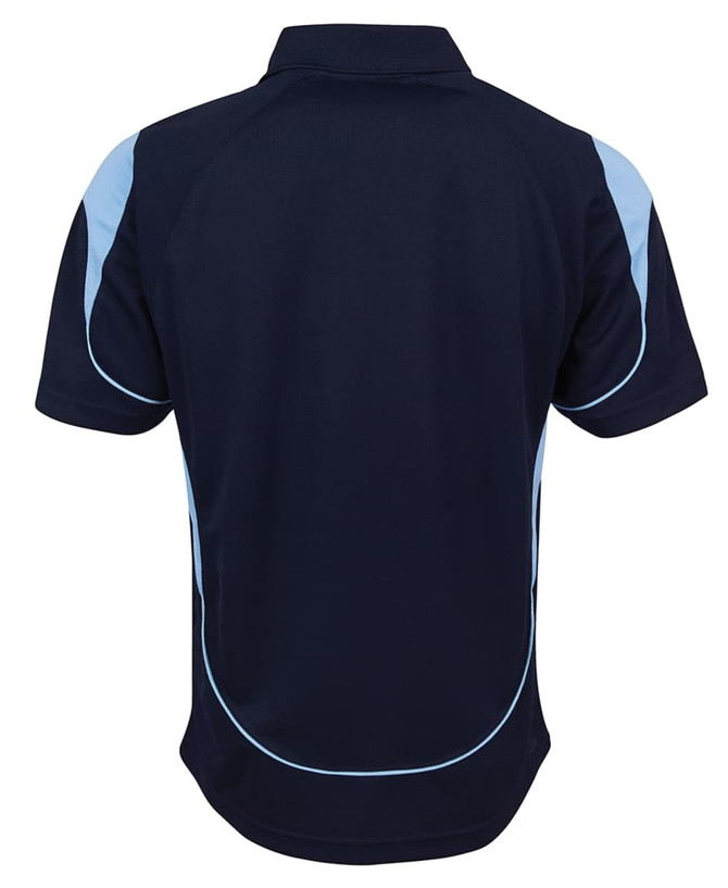 A navy polo shirt with light blue accents and a logo on the back.