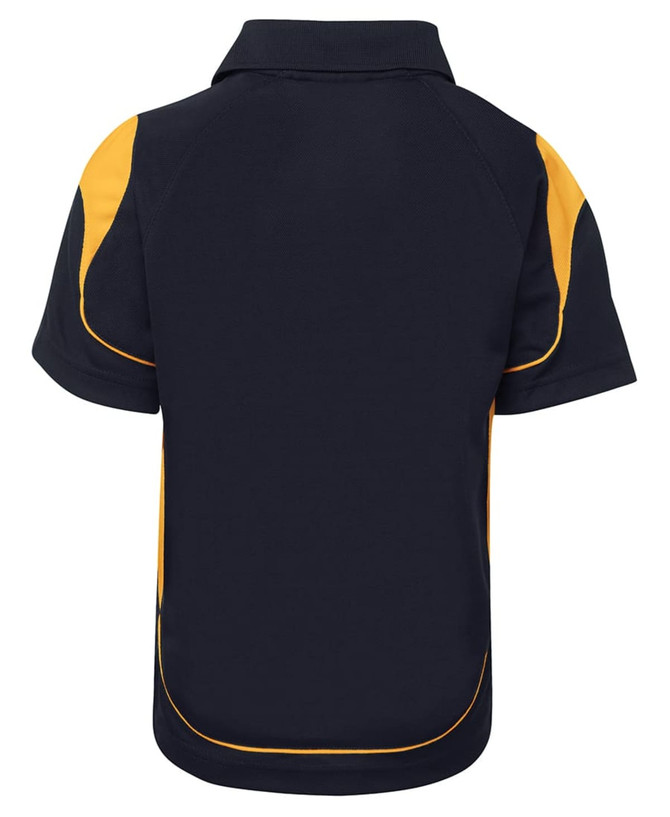 A navy polo shirt featuring yellow accents, with a logo on the side. The shirt has a classic collar and short sleeves.