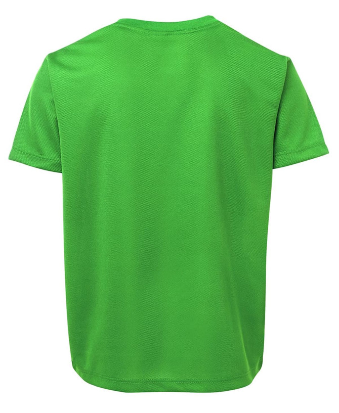 A green t-shirt featuring a logo on the back, designed in a casual style.