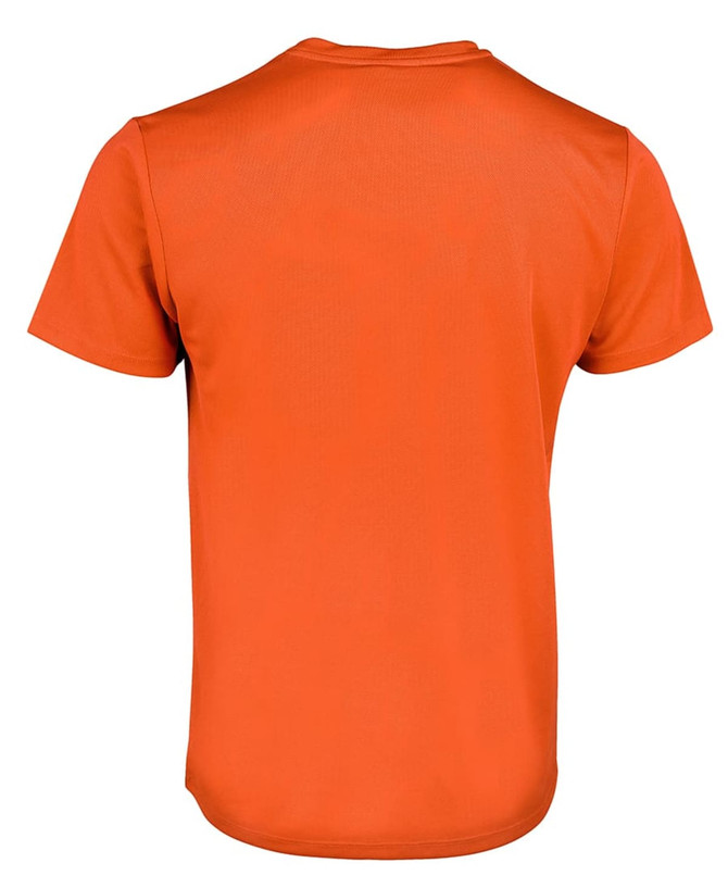 An orange T-shirt featuring a simple design with a logo on the back.
