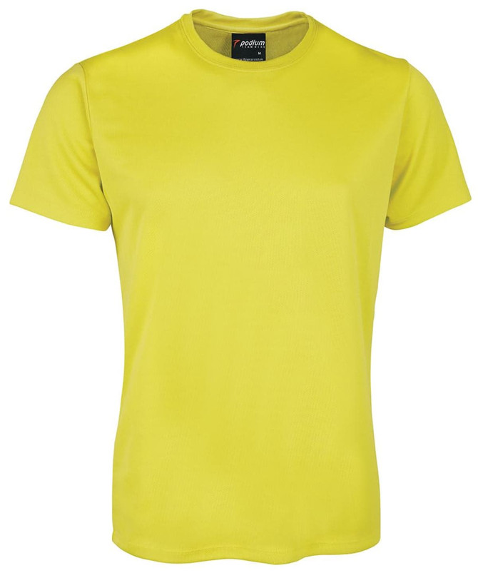 A bright yellow T-shirt with short sleeves and a collar, featuring a brand logo inside the neckline.