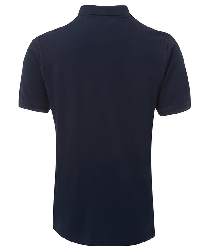 A navy blue polo shirt with a collar and short sleeves, featuring a logo on the side.
