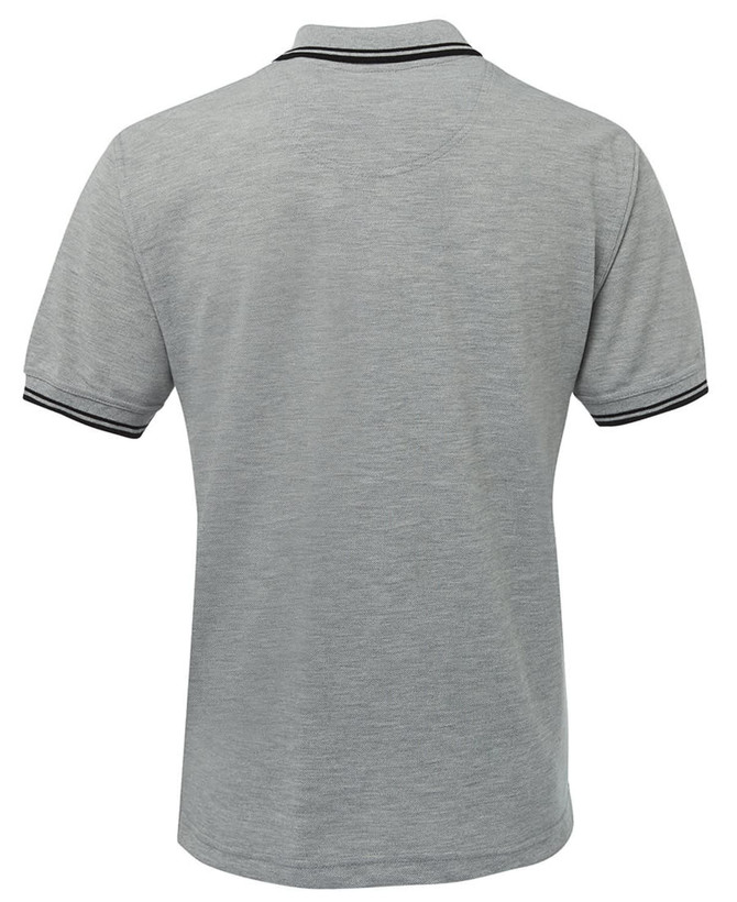 A light grey polo shirt featuring contrast black stripes on the collar and sleeves, with a logo on the chest.