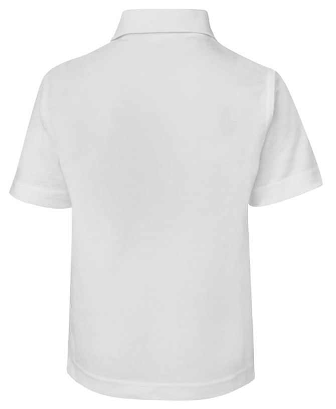 A white children's polo shirt with a collar and short sleeves, featuring a logo on the back.