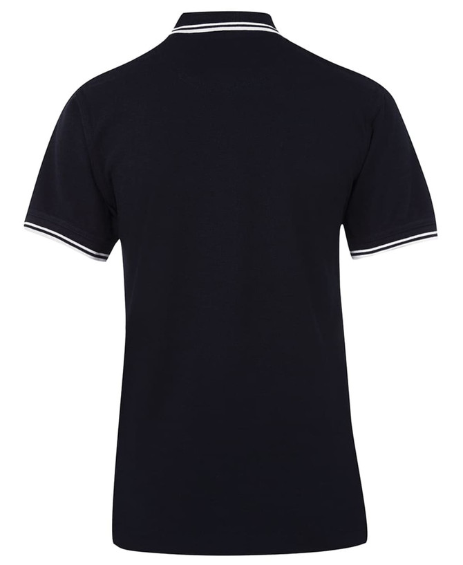 A black polo shirt with contrasting white stripes on the collar and sleeves. It features a logo.